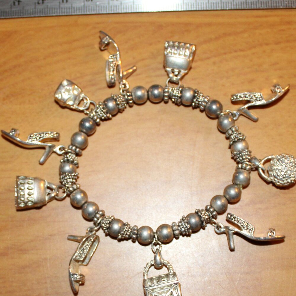 Silver Tone Beaded Fashion Charm Bracelet Purses & Shoes Stretch Jewelry